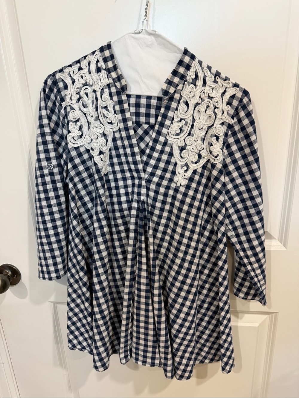 Christina Navy and White Gingham Embroidered Shoulder tunic blouse